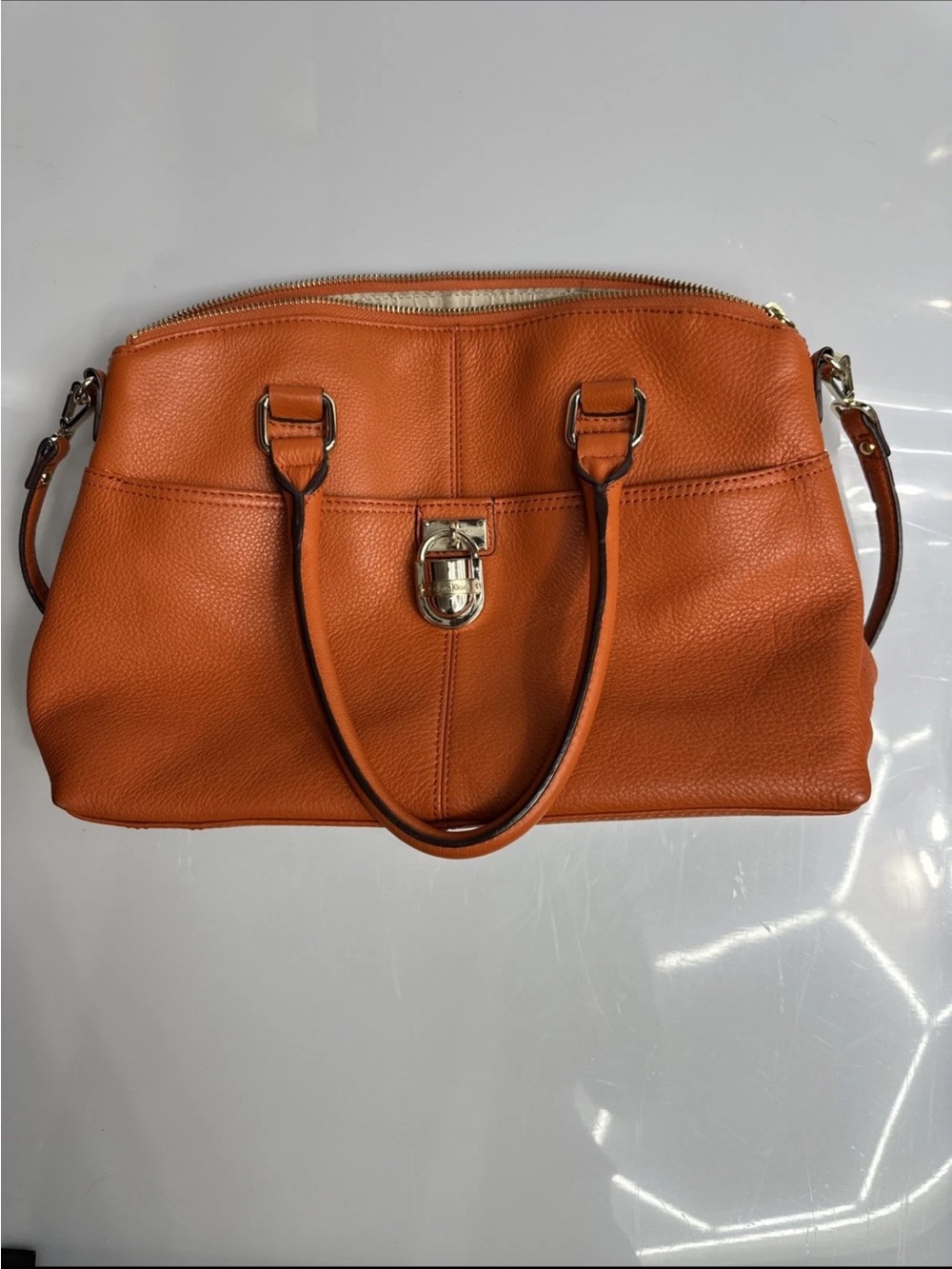 Calvin Klein Orange Pebbled Leather Satchel with Gold Hardware